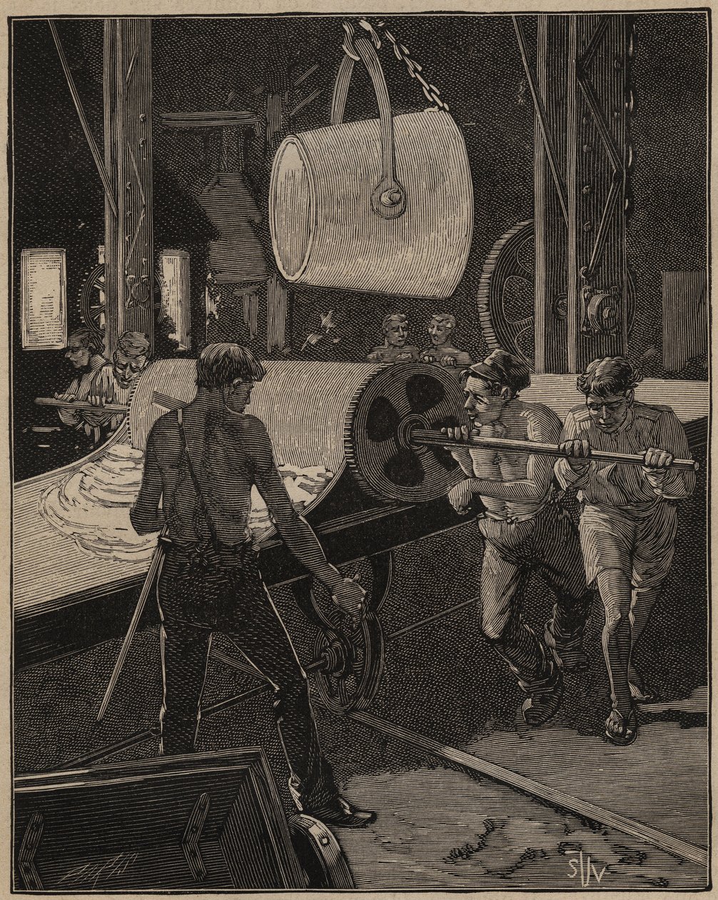 Umění skla: výroba zmrzliny. Krok zvaný „velký tok“. Rytina z roku 1885 v „“Les arts et metiers illustres““ od Adolphe BITARDA. od Unknown artist