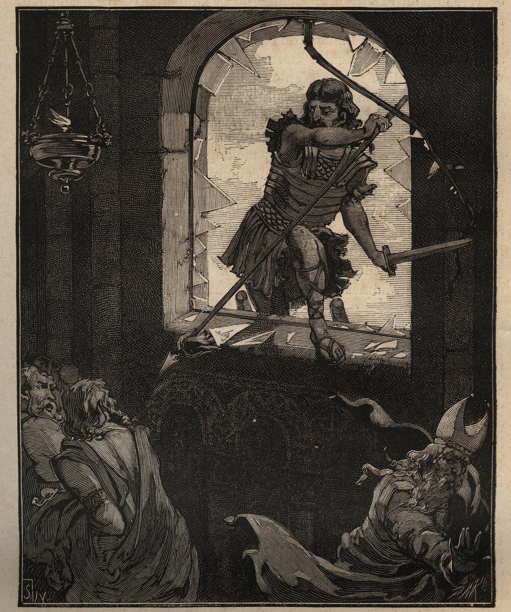 Umění skla: malovaná vitrážová okna. Theodorikovi vojáci rozbili vitráž, aby vstoupili do kostela Brioude (Haute Loire) v roce 521. Rytina z roku 1885 v „“Les arts et metiers illustres““ od Adolpha BITARDA. od Unknown artist