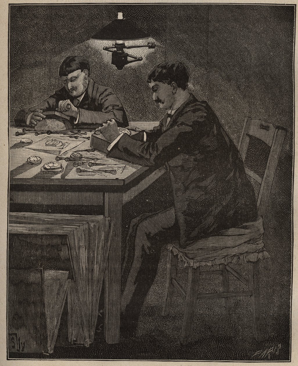 Umění lapidária: rytí mušle (kamee-shell). Rytina z roku 1885 v „“Les arts et metiers illustres““ od Adolphe BITARDA. od Unknown artist