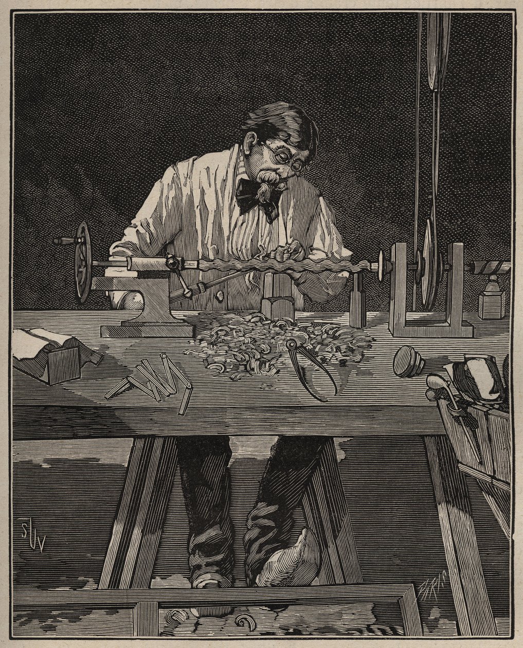 Umění soustruhu: faconing torzo sloupu. Rytina z roku 1885 v „“Les arts et metiers illustres““ od Adolphe BITARDA. od Unknown artist