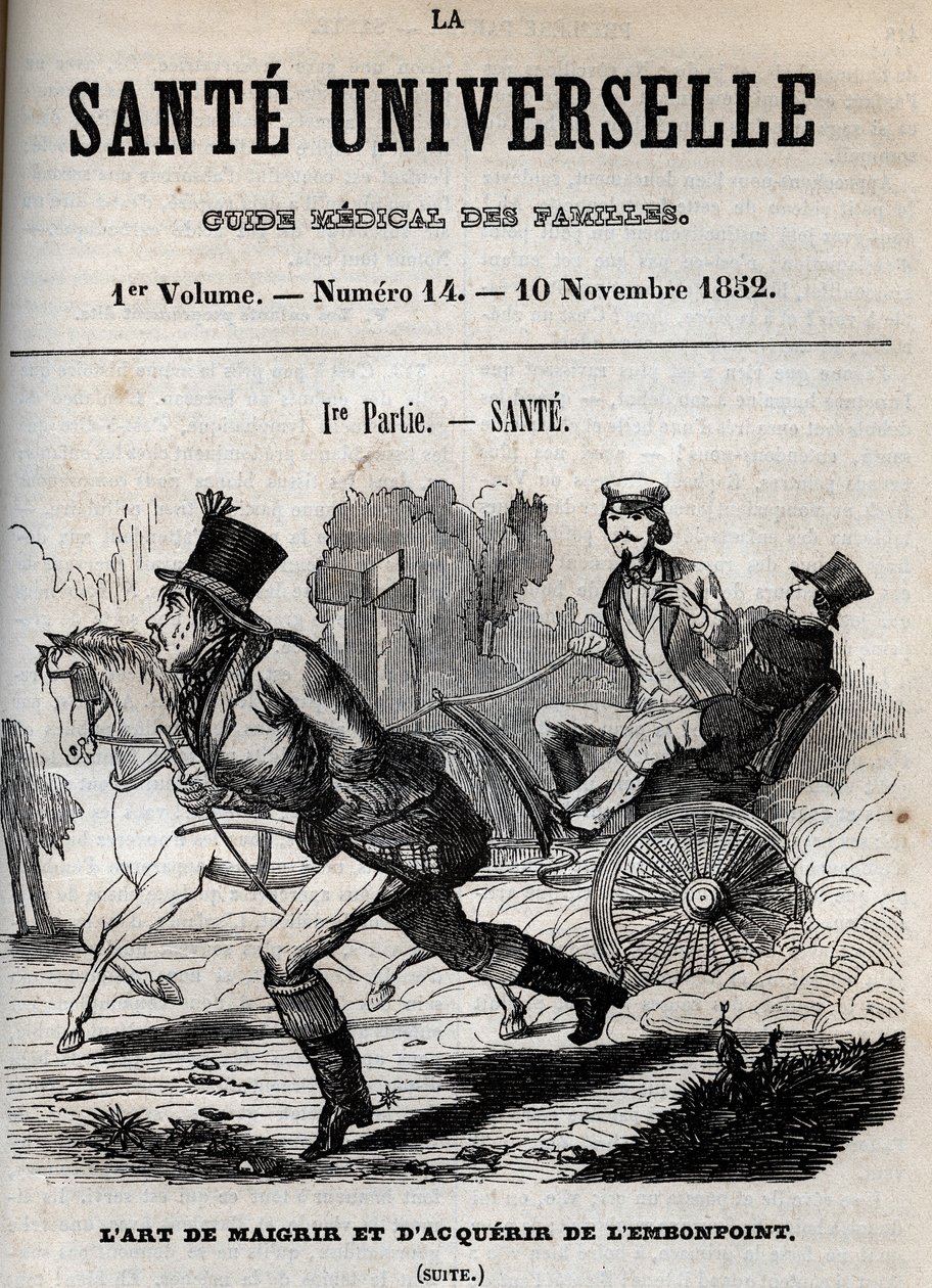 Umění zhubnout a získat nadváhu: jeden muž chodí, zatímco druhý je přepravován v kočáru - rytina v „La Sante Universelle - Guide Medical des Familles““ 1852 od Unknown artist