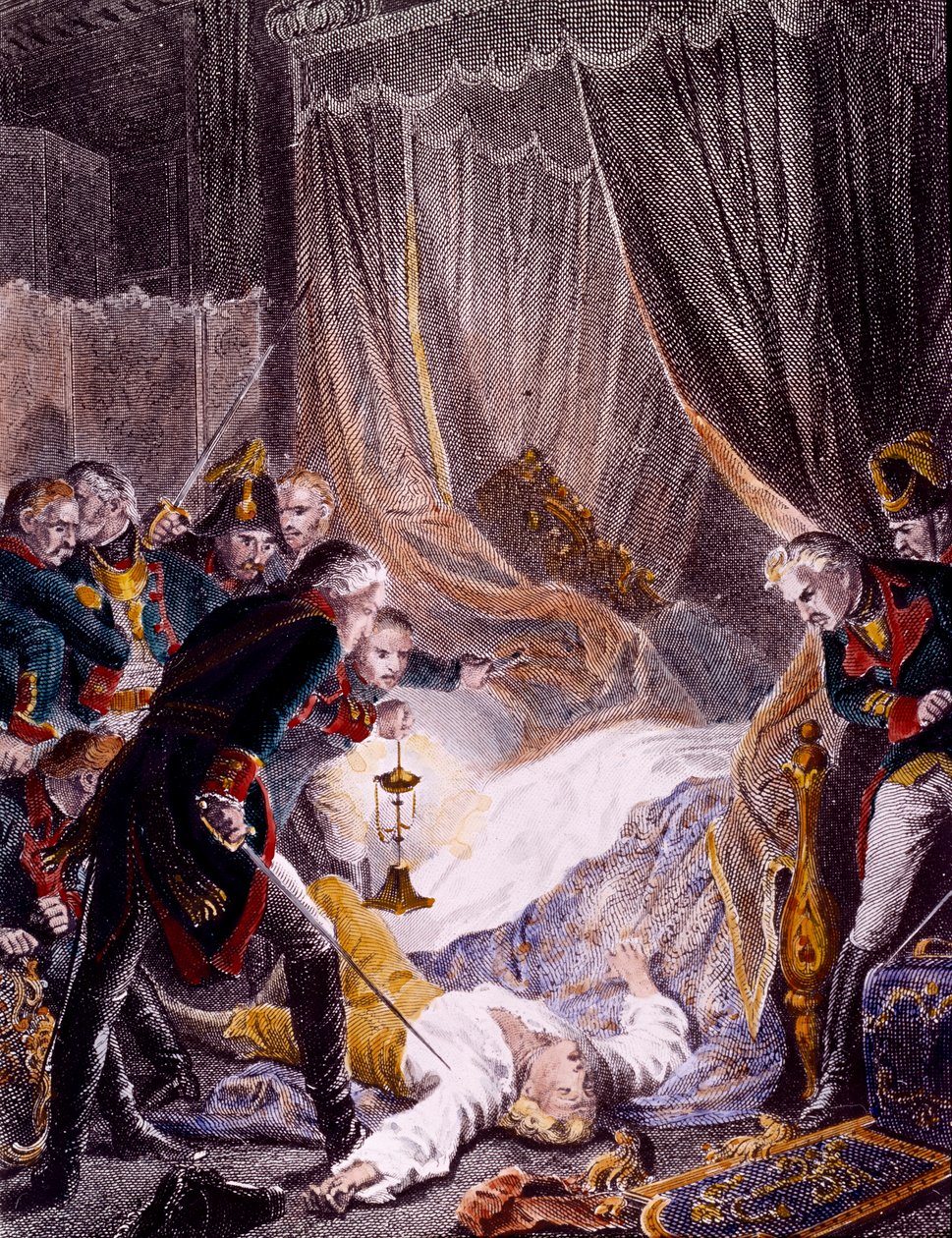 Atentát na Pavla I. Petroviče (1754-1801), ruského cara v jeho pokoji v Paláci svatého Michala poté, co byl nucen podepsat svou abdikaci. Rytina kolem roku 1801. Soukromá sbírka od Unknown artist