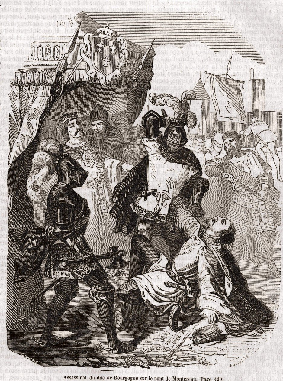 Atentát na vévodu z Burgundska (Jean sans peur) na mostě Montereau - v „Histoire de France“ “od Anquetila, Paříž od Unknown artist