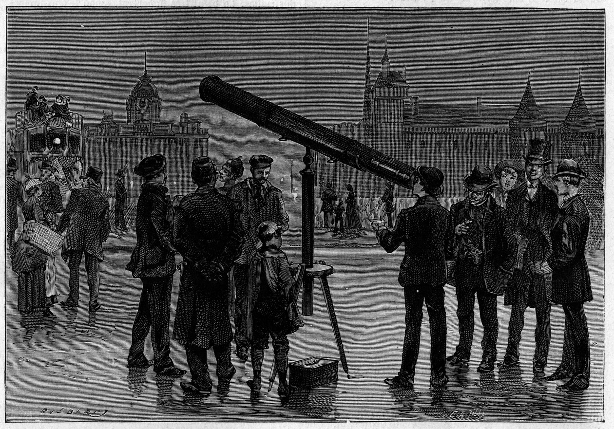 Astronom a jeho astronomická luneta na Place du Chatelet v Paříži v době pozorování planety Venuše, v únoru 1889. Rytina „“ La Nature. Revue des sciences et de ses applications aux arts et a l