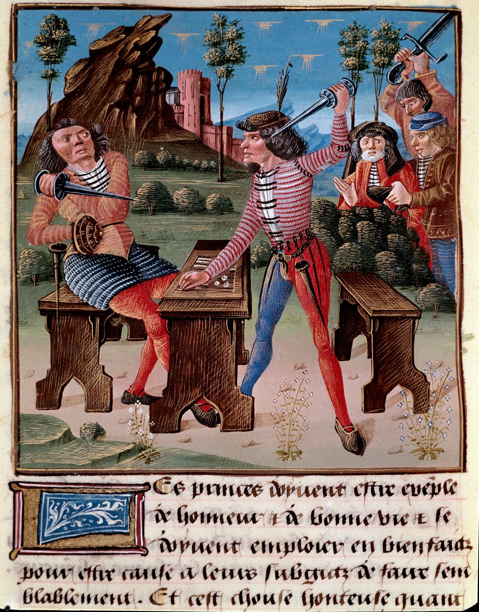 Špatné efekty hry, krádež a boj. Dva hráči ohrožovali svými zbraněmi Miniatura z „Knihy dobrých Maurů“ od Jacquese Velikého (1360-1415/1418), věnovaná Jean Duke z Berry od Unknown artist