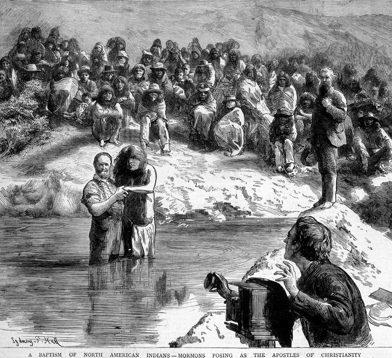 Křest indiána v Severní Americe mormonem, který před kamerou vystupoval jako apoteři křesťanství. Ilustrace 19. století. od Unknown artist