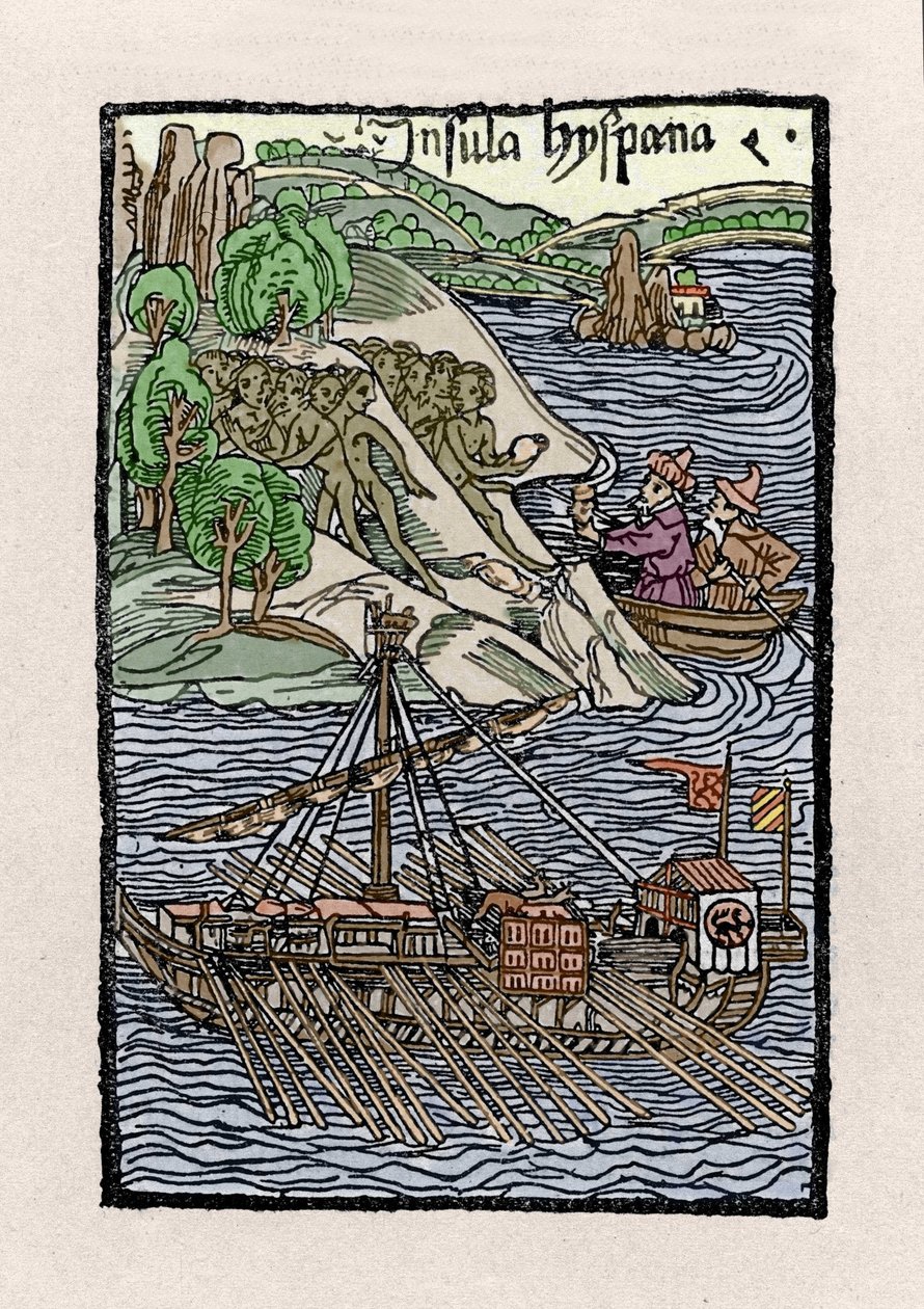 Barkage at Hispaniola Christopher Columbus (1451-1506). Rytina z “” De insulis in mare Indico super inventis””, Bale 1493-1494 (latinský překlad Kolumbovy zprávy španělskému králi). od Unknown artist