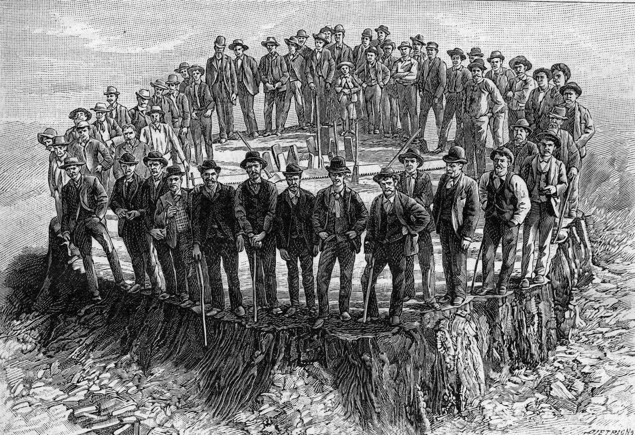 Základna „Sequoia Gigantea“ je určena pro Americké muzeum přírodní historie v New Yorku (New York) s 52 dělníky, kteří pracovali na jeho demolici (podle fotografie). Rytina v „La Nature: revue des sciences et de leurs applications a od Unknown artist