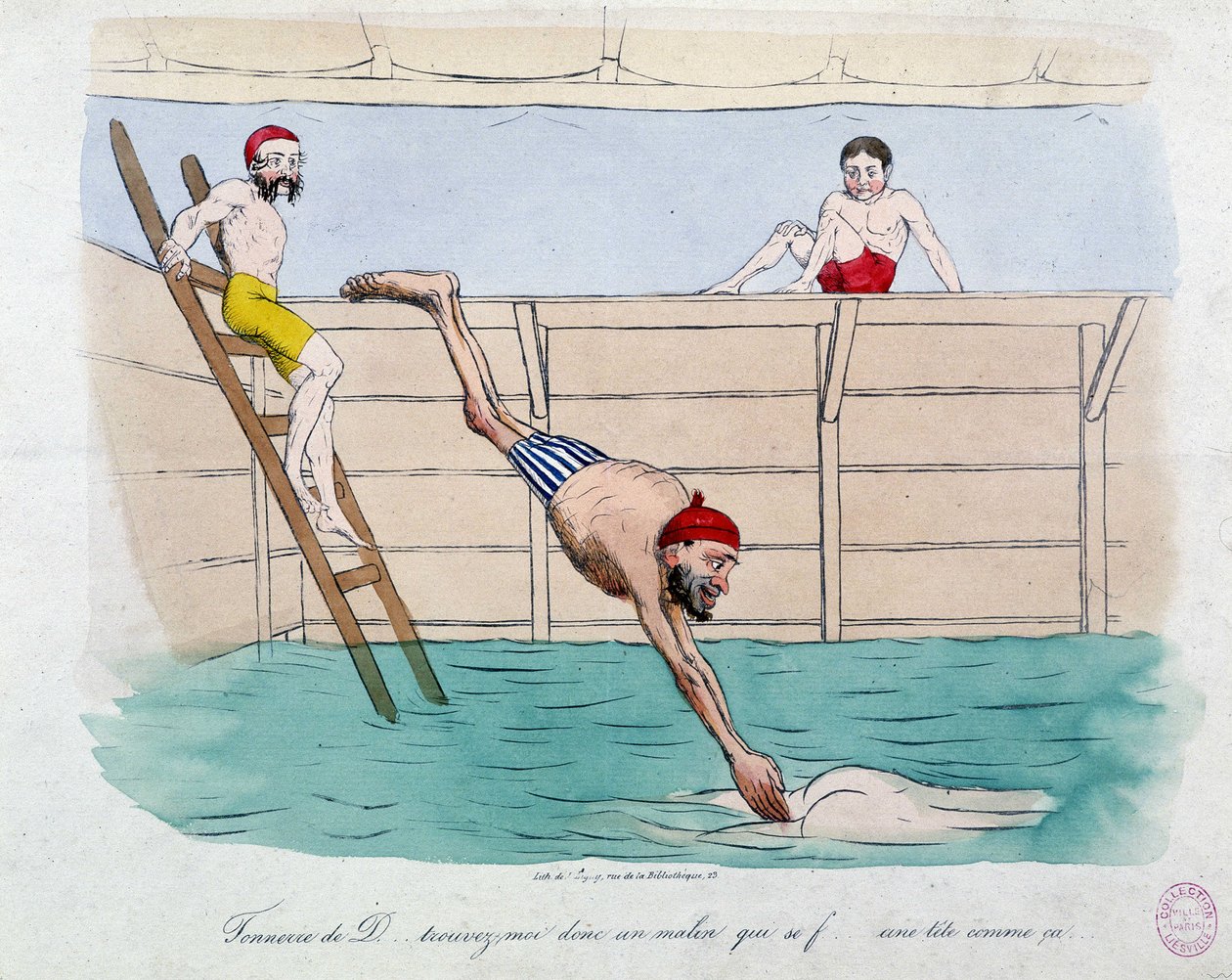 Lázně: karikatura veřejných lázní (bazénů) v Paříži - 19. století, Carnavalet. od Unknown artist