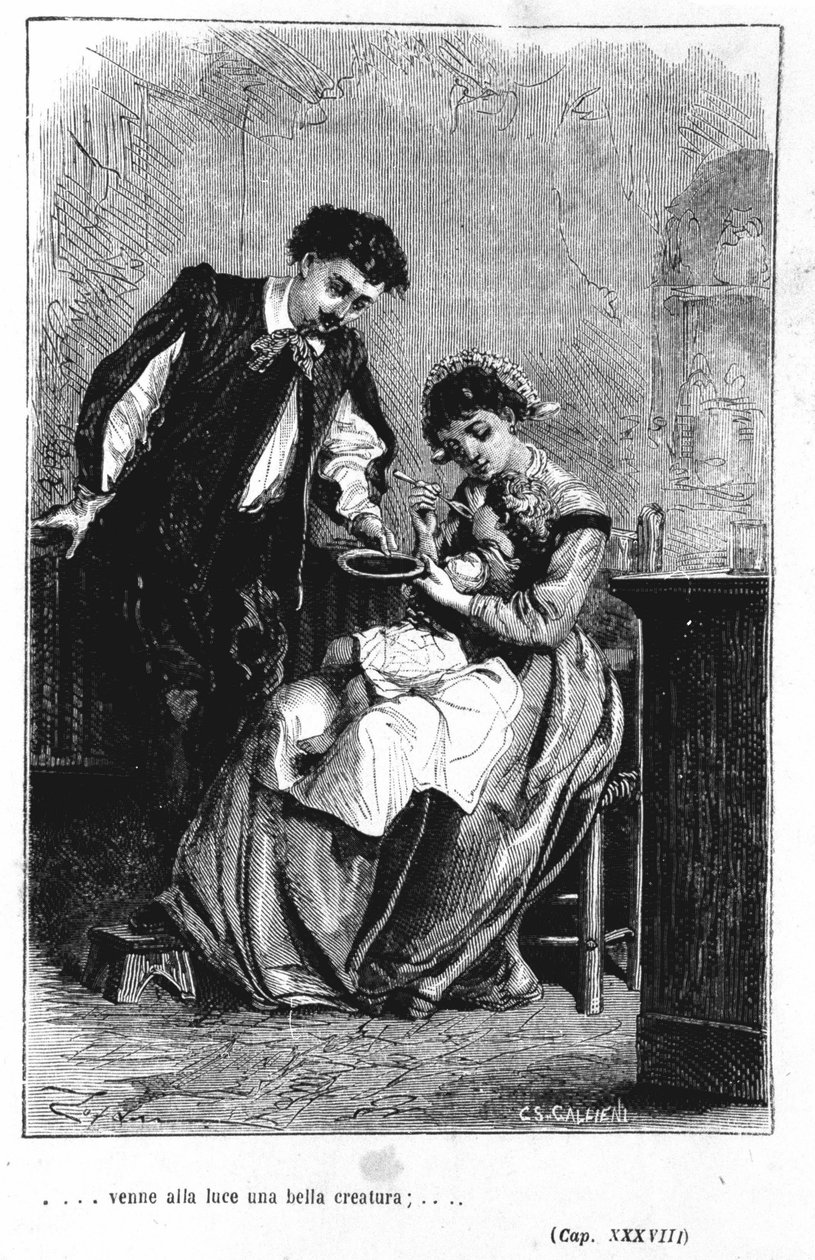 Narození syna Renza a Lucii - v ""Snoubenci"" (promessi Sposi) z Manzoni od Unknown artist