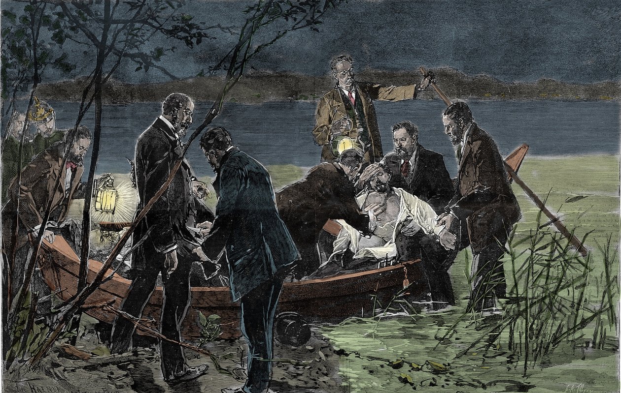 Tělo Ludvíka (Ludwiga) II. z Baviere Wittelsbach (1845-1886) nalezne utopené s Dr. Guddenem v jezeře Starnberg poblíž hradu Berg v červnu 1886 Rytina od Unknown artist