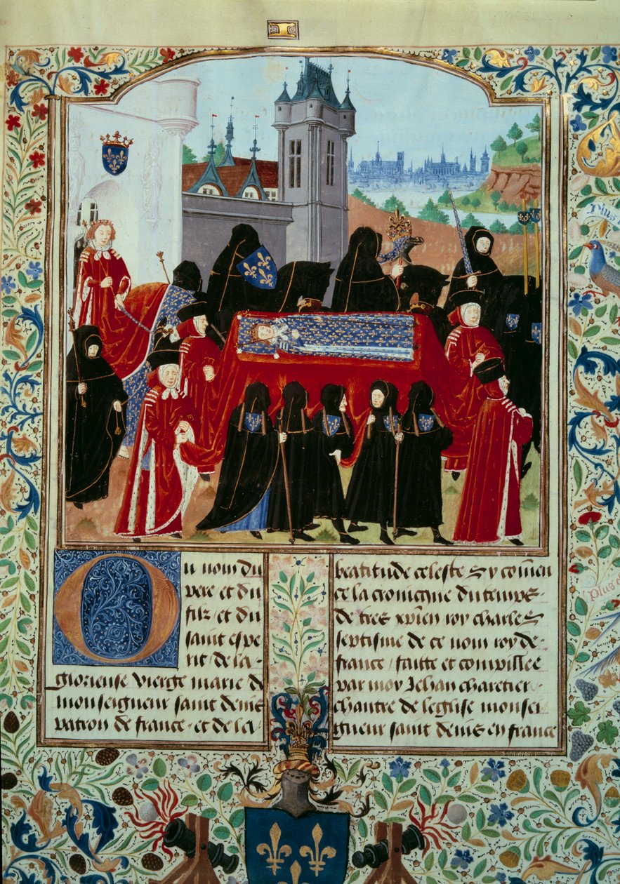 Tělo zesnulého krále Karla VI. (1368-1422) je odneseno, za průvodem nový král Karel VII. (1403-1461) Miniatura z 22. 10. 1422 z rukopisu „“ Letopisy Karla VII.““ (Ms. fr. 2691) od Jeana Chartiera od Unknown artist