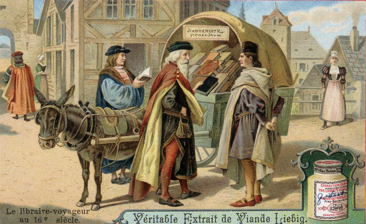 Knihkupec a jeho putovní knihkupectví v 16. století. Chromolitografie, Liebigův snímek. od Unknown artist