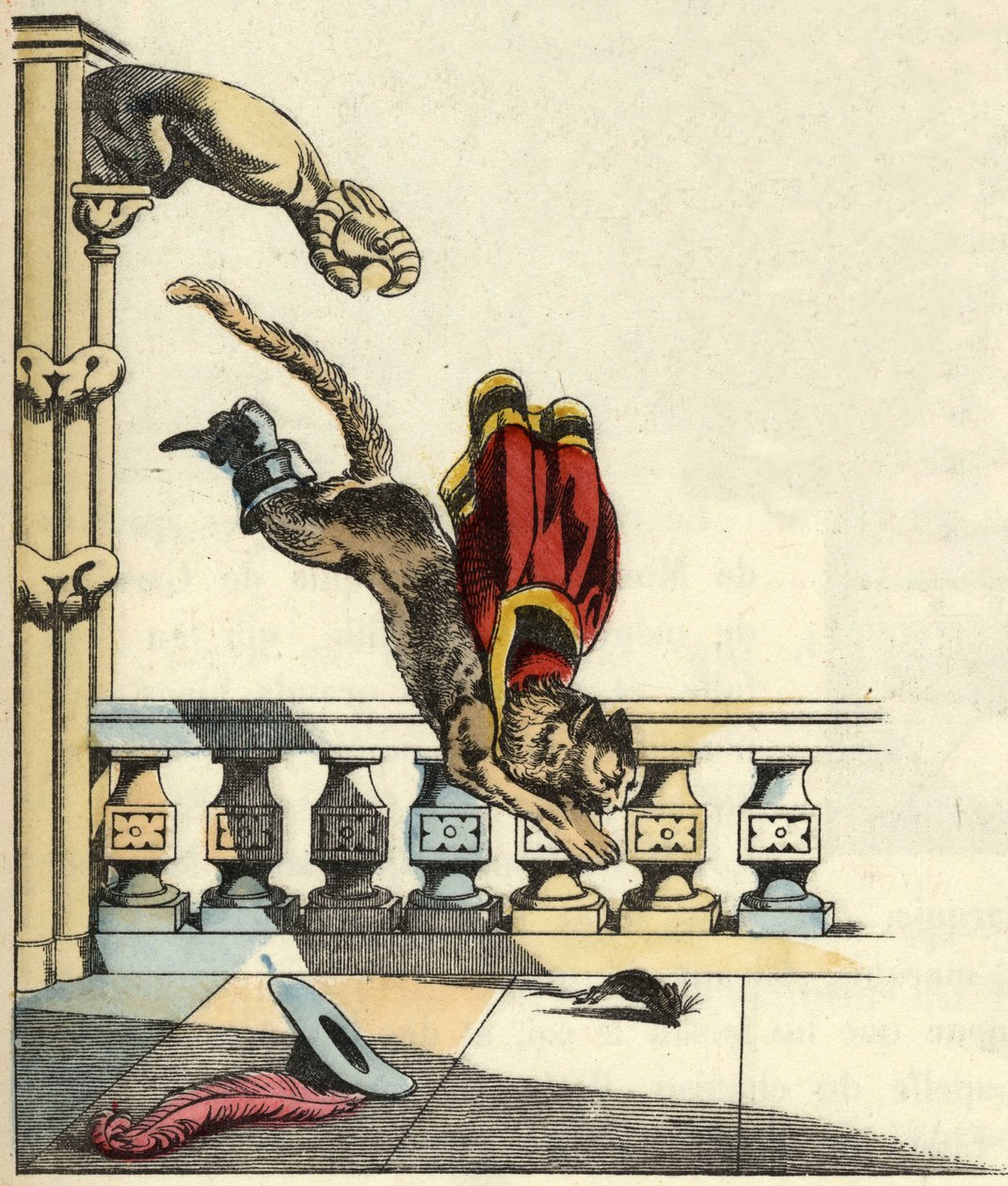 Botová kočka, která požádala zlobra, aby se proměnil v myš, skočí, aby ji sežral. Ilustrace příběhu Charlese Perraulta „Le chat botte“ od Unknown artist