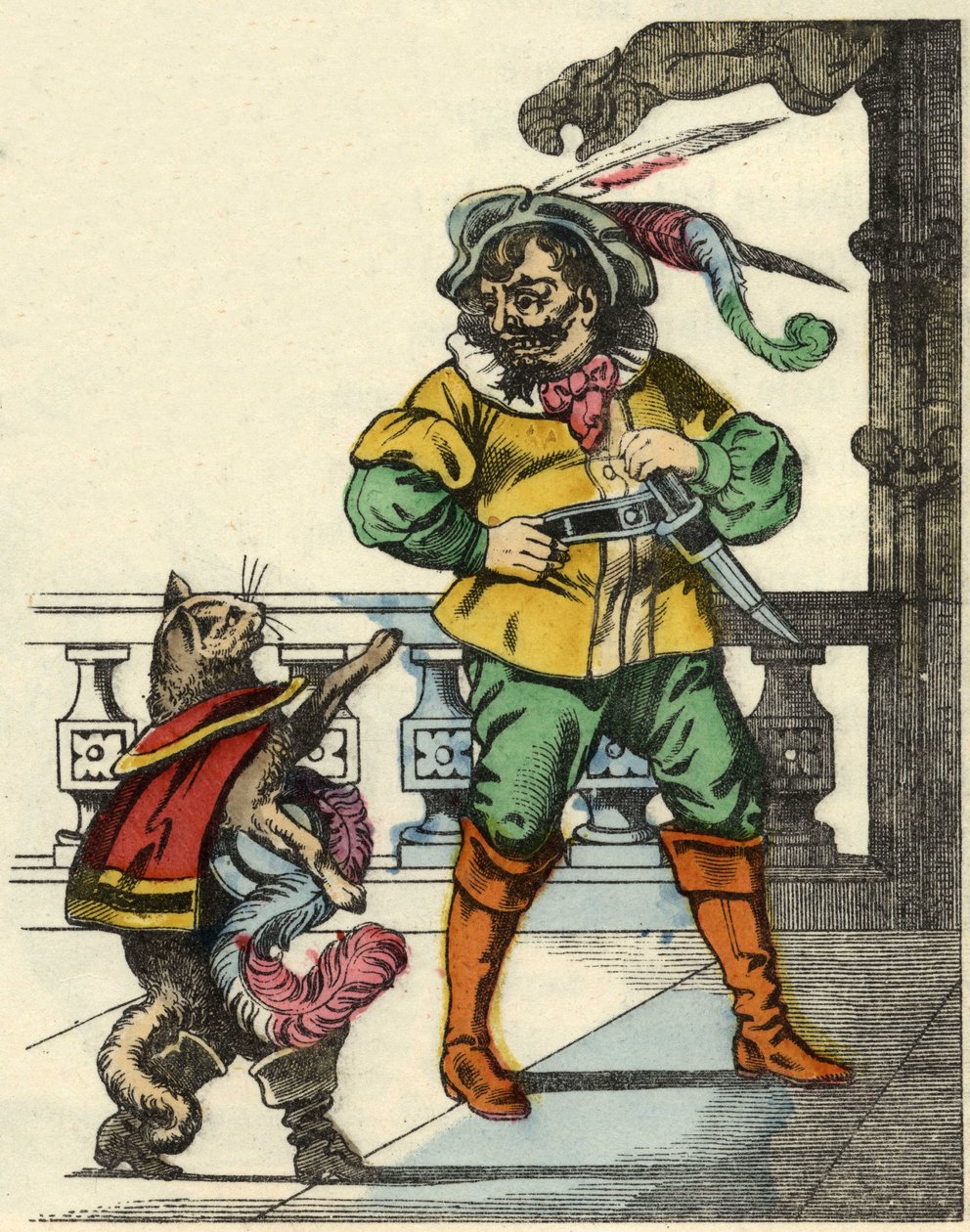 Kočka se setká se zlobrem. Ilustrace příběhu „The cat botte“ od Charlese Perraulta od Unknown artist