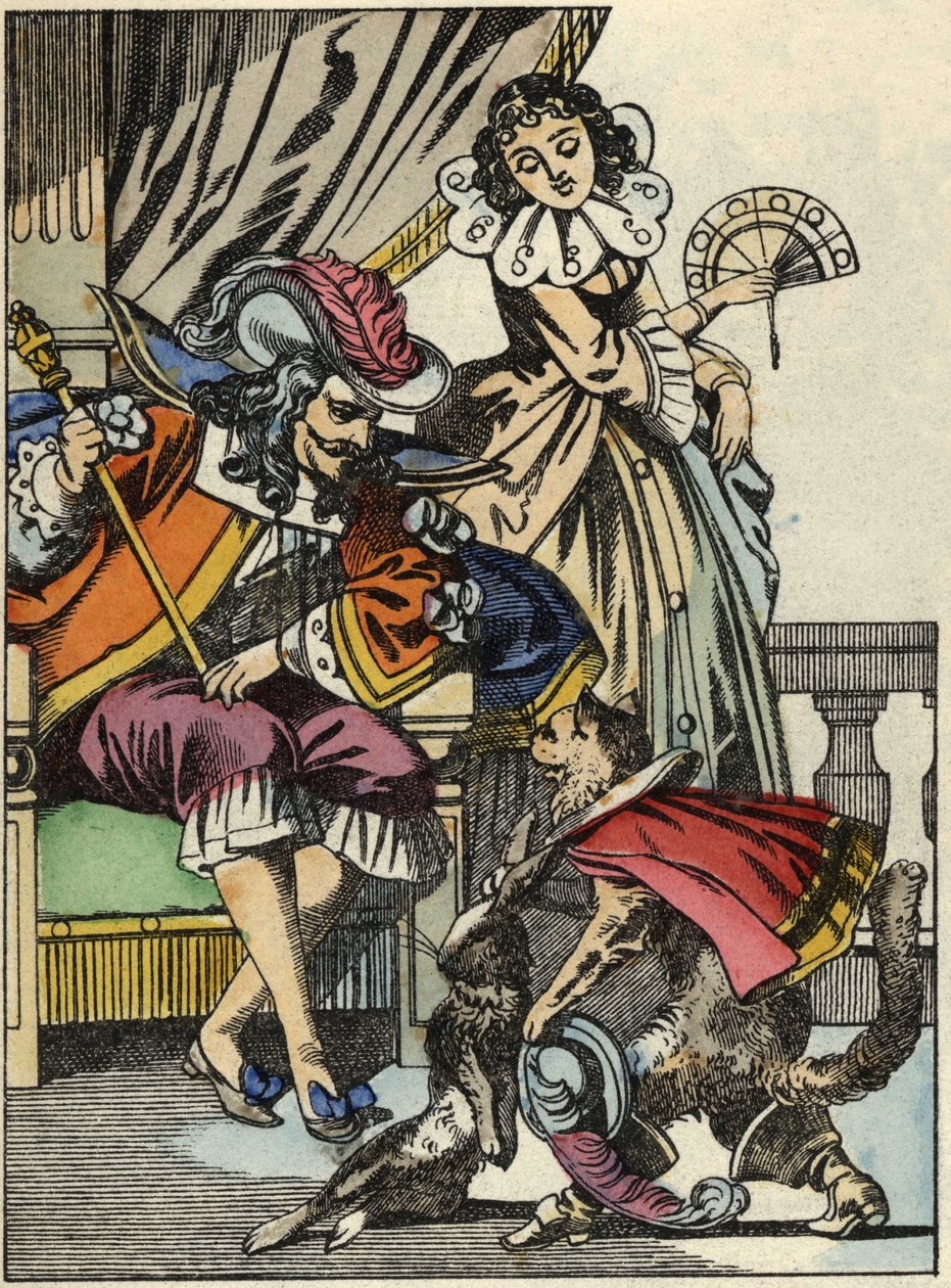 Botová kočka nabízí králíka králi od svého pána, markýze de Carabas. Ilustrace příběhu „The cat botte“ od Charlese Perraulta od Unknown artist