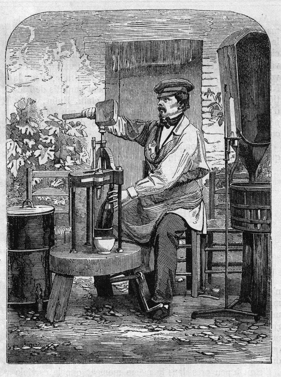 Stáčení šampaňského vína. Rytina z roku 1864. od Unknown artist