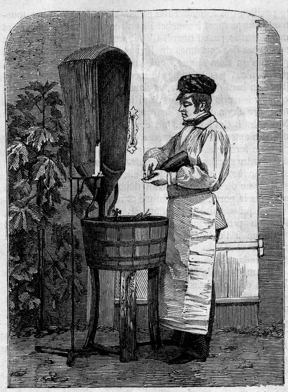 Stáčení šampaňského vína. Rytina z roku 1864. od Unknown artist