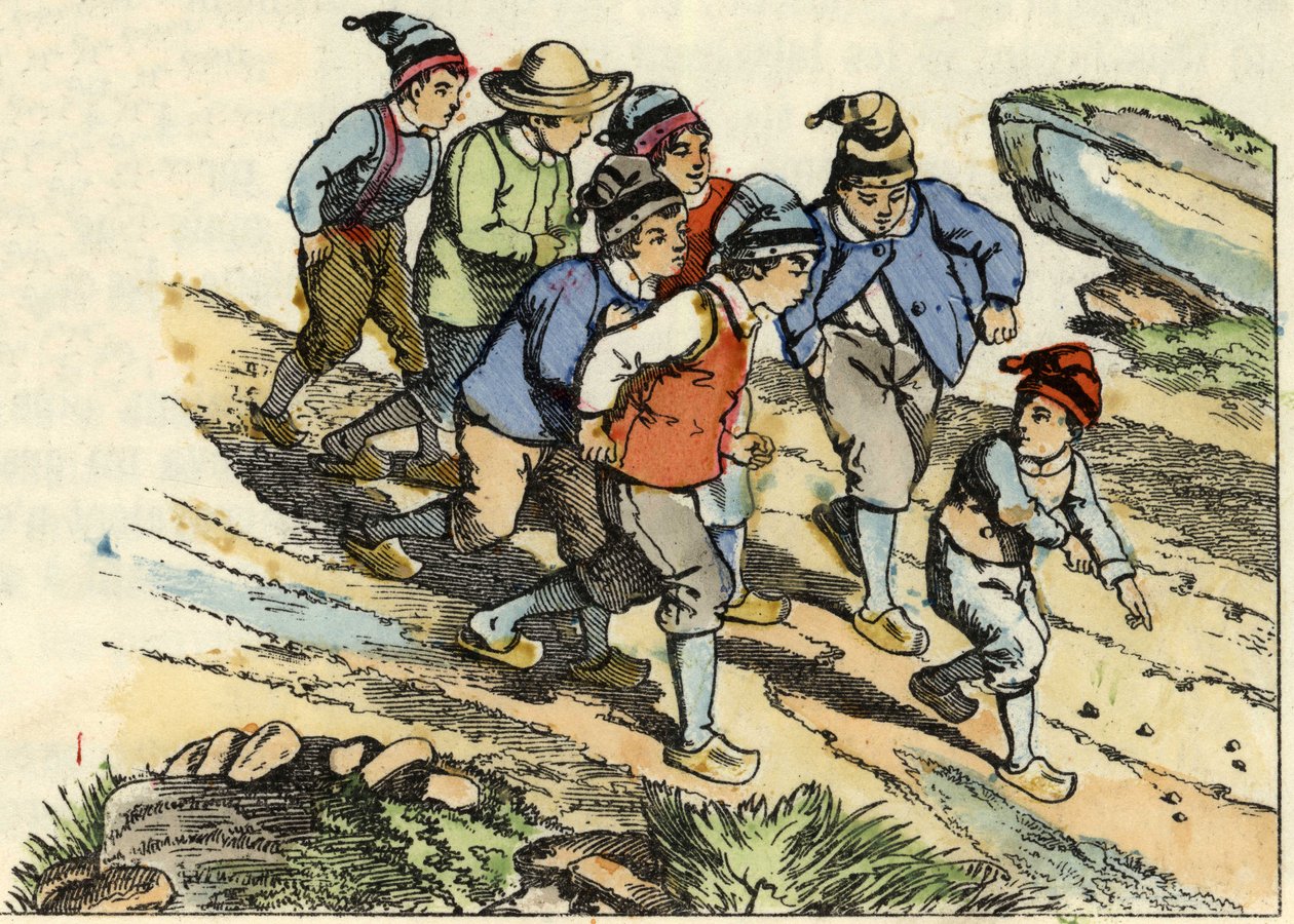 Bratři následují Malého Pouleta, který na cestu zasel bílé oblázky. Ilustrace příběhu „Le Petit Poucet““ od Charlese Perraulta od Unknown artist