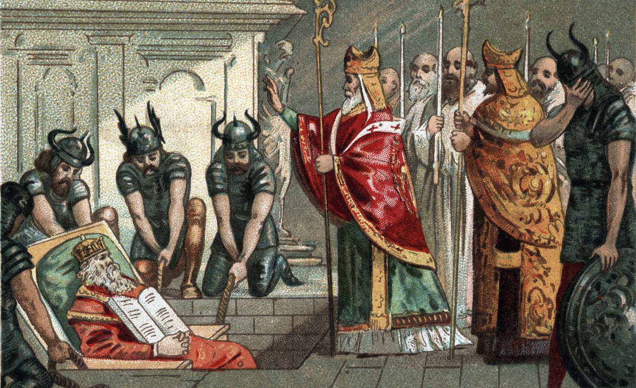 Pohřeb Karla Velikého v roce 814 v katedrále v Cáchách v Německu. Chromolitografie konce 19. století. od Unknown artist