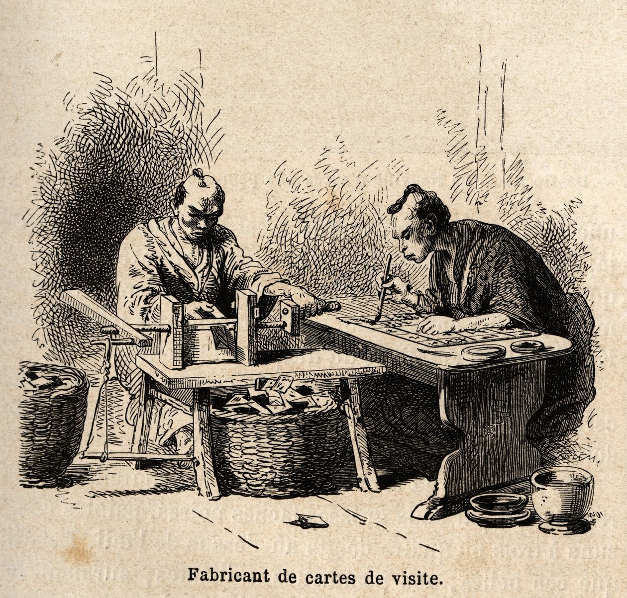 Výrobce vizitek. Rytina k ilustraci plavby do Japonska v letech 1863-1864 od Aime Humberta, ministra Švýcarské konfederace, v „Le tour du monde, nouveau journal des voyages“, vydaném pod vedením Edouarda Chartona od Unknown artist