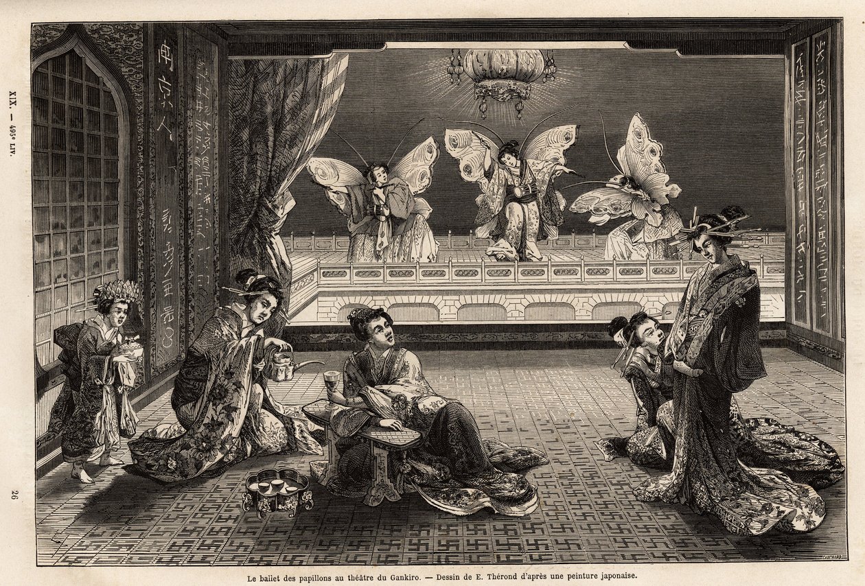 Motýlí balet v divadle Gankiro v Miyozaki Pleasure District v Jokohamě. Rytina k ilustraci cesty do Japonska od Aime Humberta, ministra Švýcarské konfederace, v letech 1863-1864, publikovaná v „“ le tour du monde““, pod dire od Unknown artist