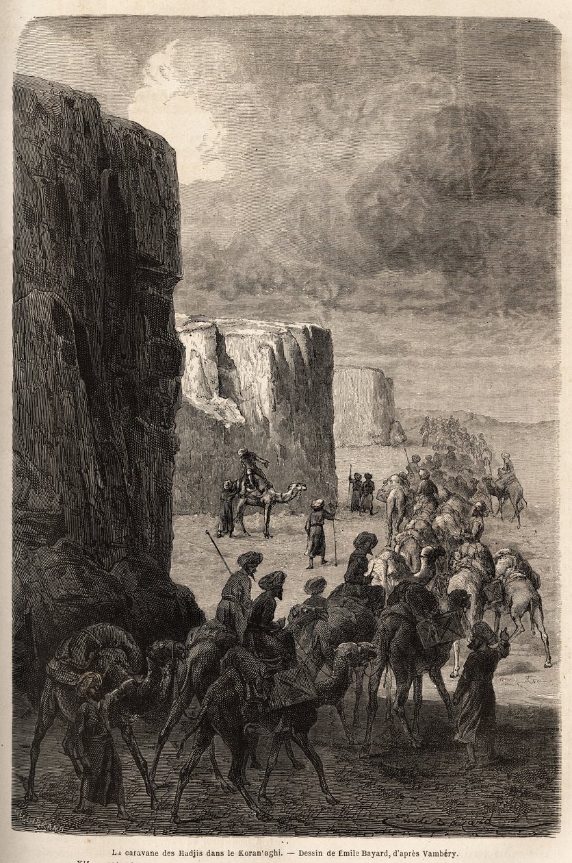 Karavana Hadžiů (muslimských pelerinů) v Korantaghi (Persie, Írán). Kresba Emila Bayarda (1837-1891) pro ilustraci cesty do Střední Asie v roce 1863 od Arminia Vamberyho (maďarského vědce v přestrojení za derviše). Rytina „“ Le tour du mond od Unknown artist
