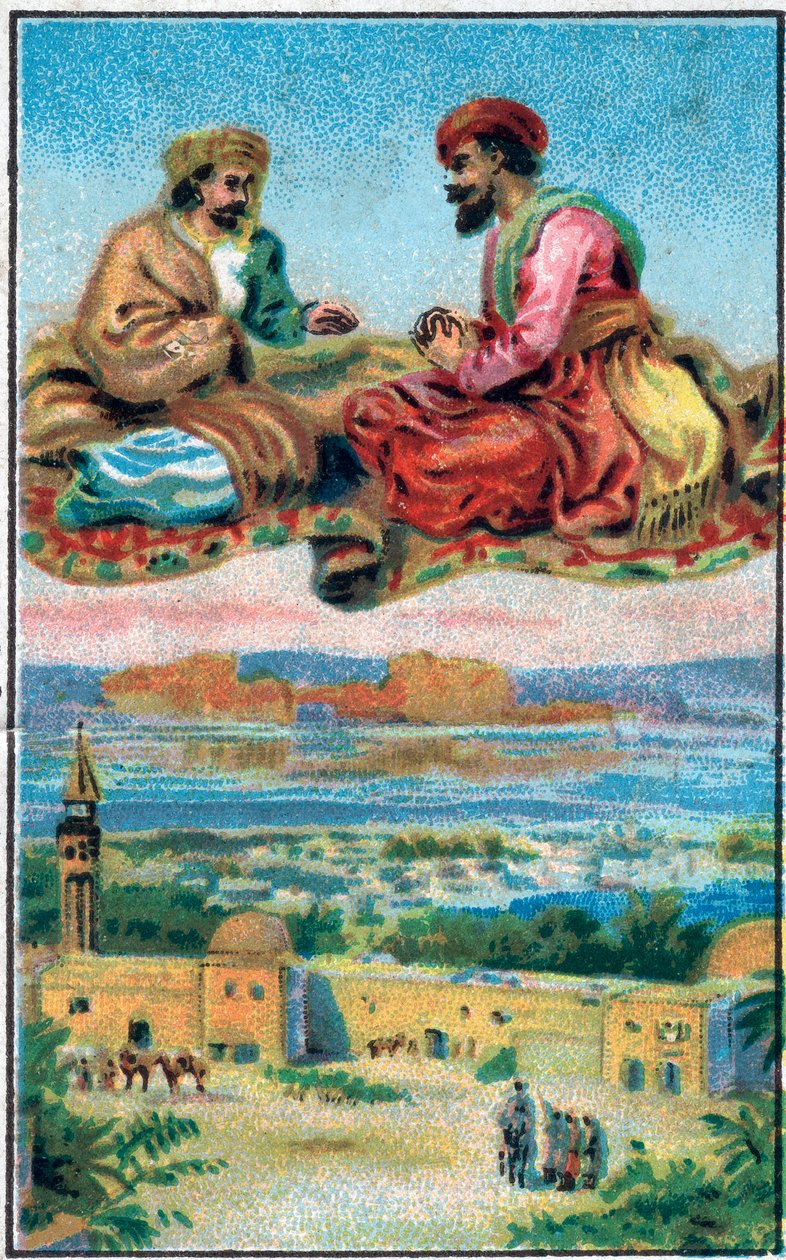 Koberec potěší. Historie prince Ahmeda a poplatek Paris-Banou (Pari Banou) (Paribanu). Pohádka 1001 nocí (pohádky tisíce a jedné noci). Chromolitografie konce 19. století. od Unknown artist