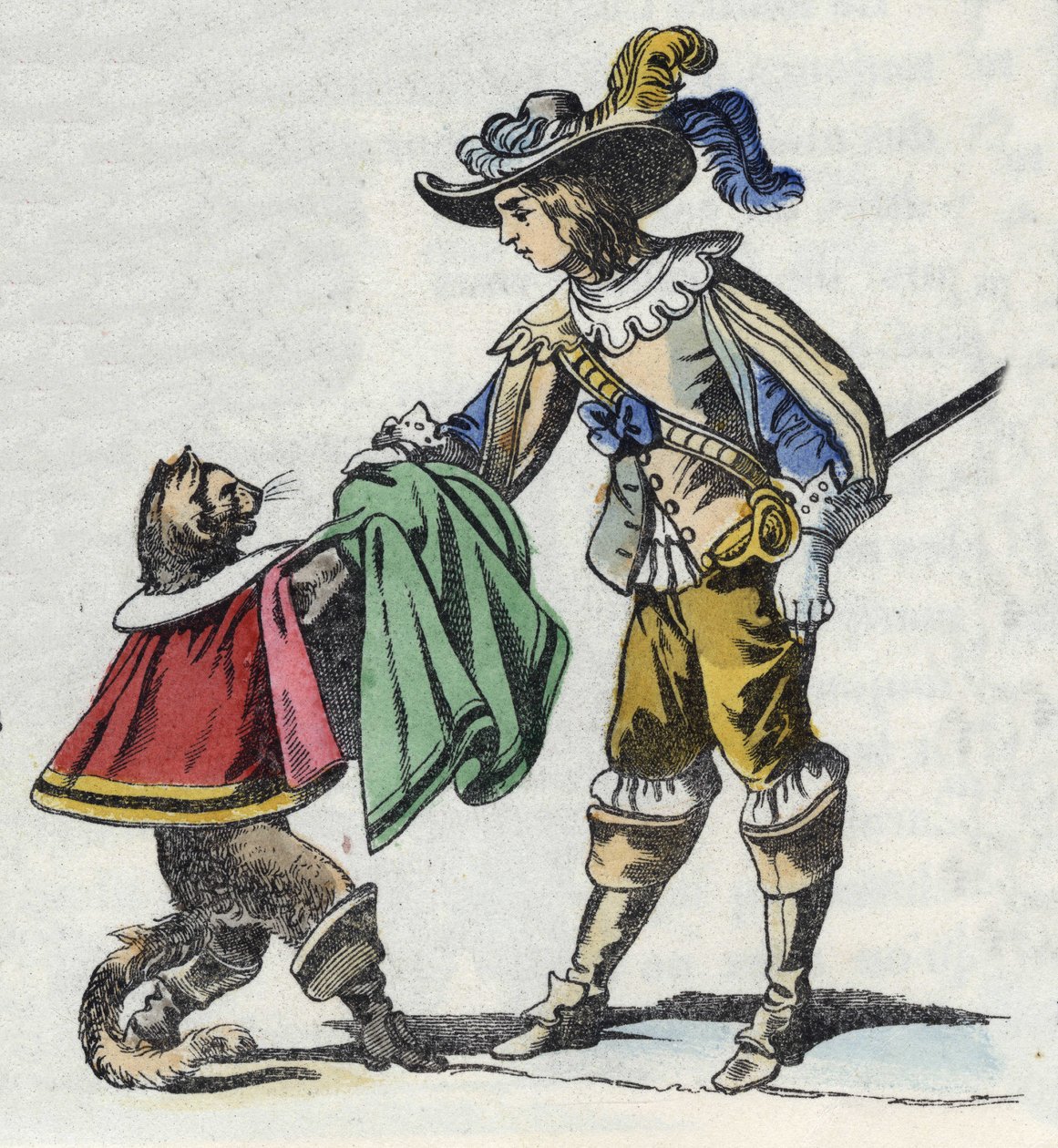 Kočka a jeho pán, markýz z Carabasu. Ilustrace příběhu „The cat botte“ od Charlese Perraulta od Unknown artist