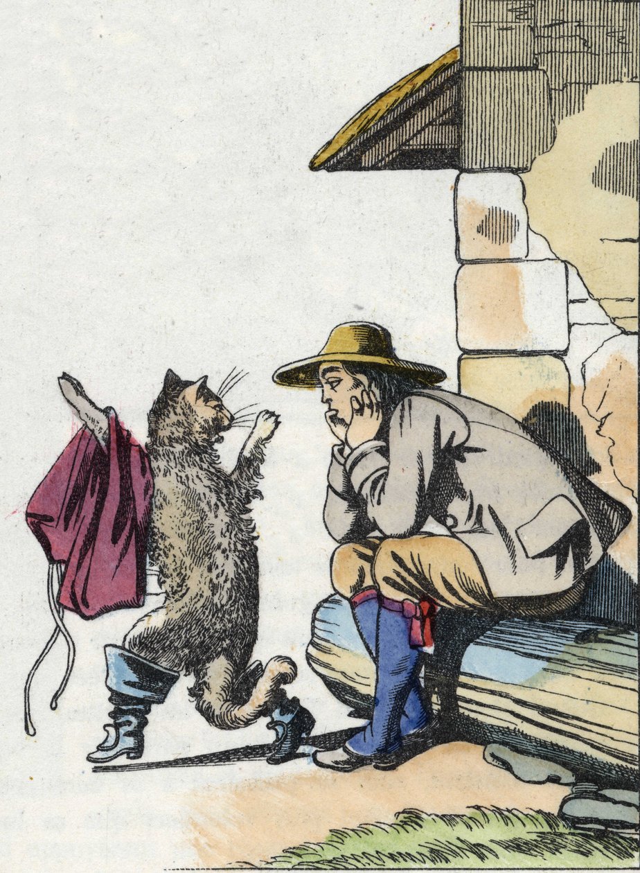 Kočka žádá svého pána o oblečení a boty a slibuje, že bude brzy bohatý. Ilustrace příběhu Charlese Perraulta „Le chat botte“ od Unknown artist