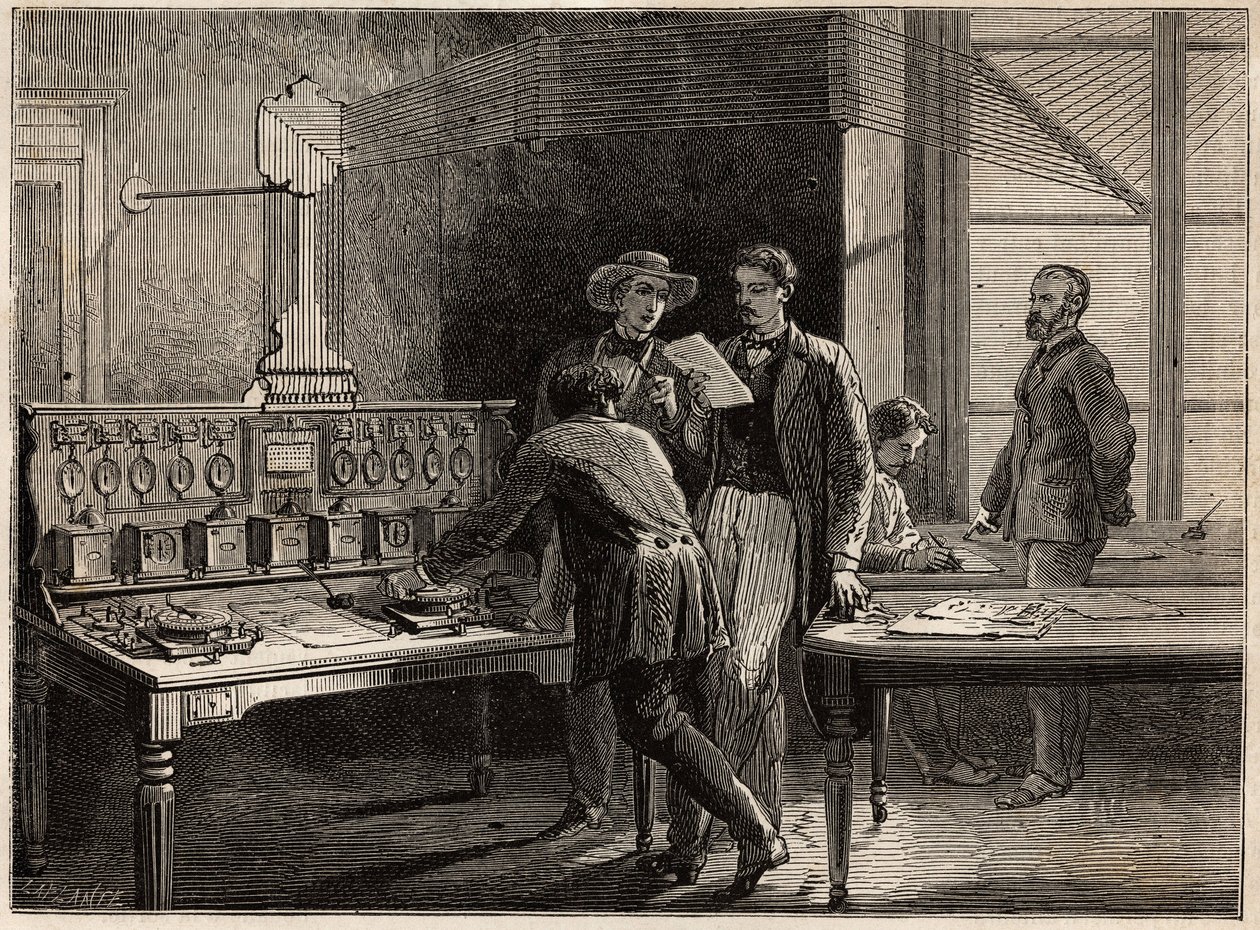 Centrální telegrafní stanice v továrně Creusot. Rytina pro ilustraci plavby na Creusot a do dolů Saone a Loire v roce 1865 od L. Simonina v „“ Le tour du monde, nouveau journal des voyages““ vydaném pod vedením Edouarda C. od Unknown artist