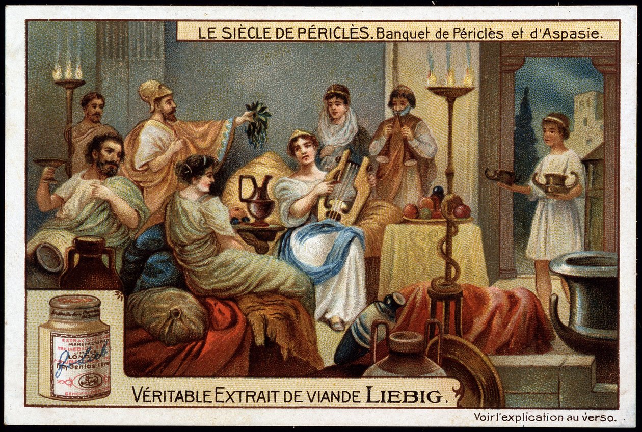 Století Perikla (495-429 př. n. l.): hostina Perikla a Aspasie (470-400 př. n. l.) - Liebigova chromolitografie od Unknown artist