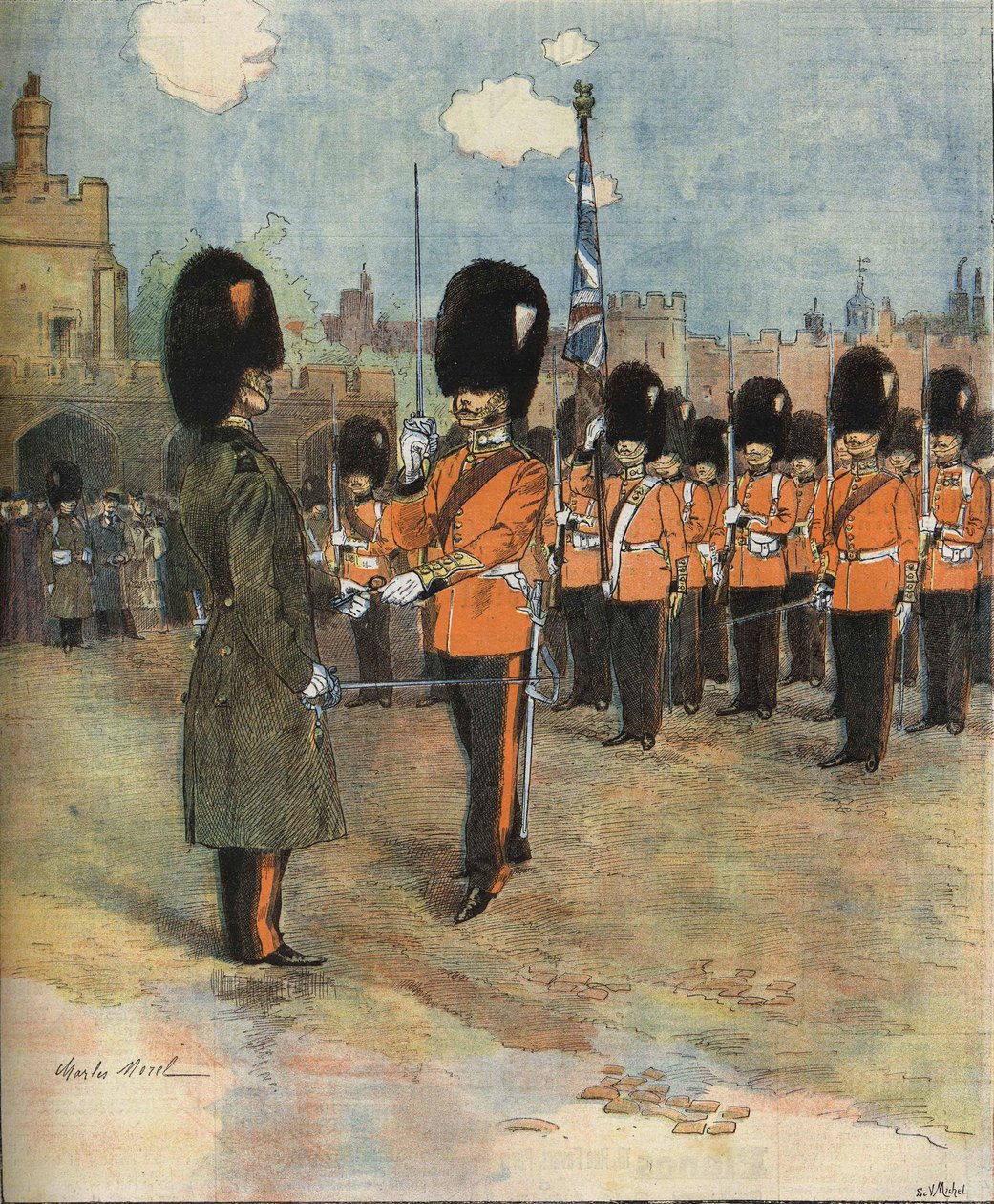 Výměna stráží v Buckinghamském paláci v Londýně v roce 1893. Ilustrace M.C. Smrž. Kolekce Bianchetti. od Unknown artist