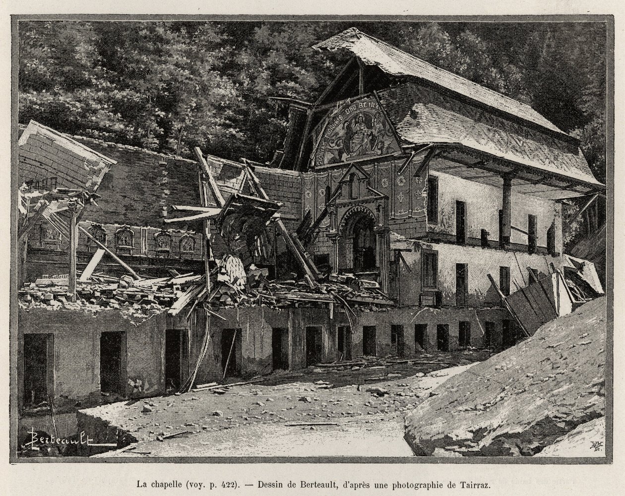 Kaple zničená přepadem Arve. Berteaultova rytina k ilustraci příběhu „La catastrophe de Saint Gervais les Bains““ od Unknown artist