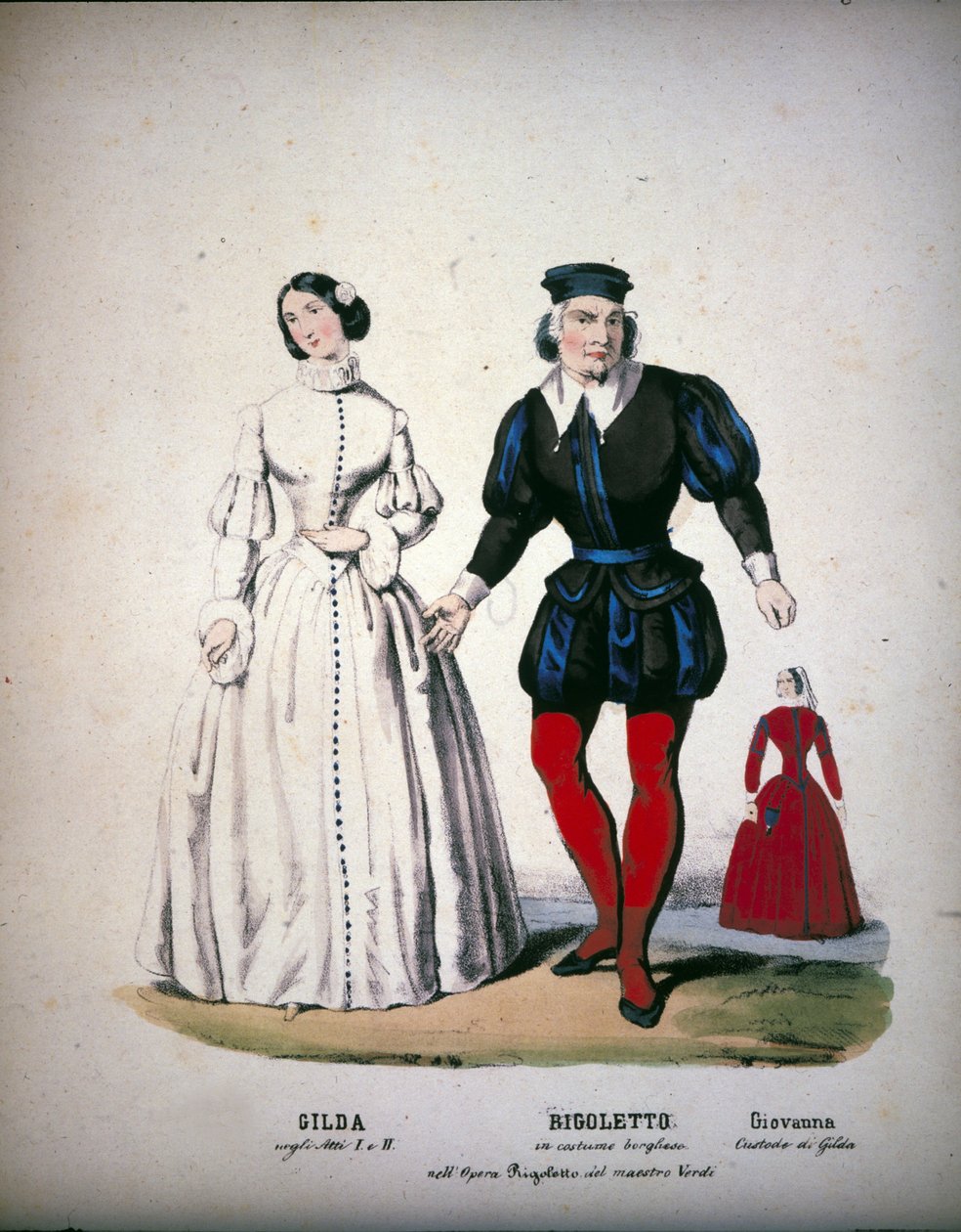 Postavy Gildy, Rigoletta a Giovanny ve třetím dějství opery „“Rigoletto““ italského skladatele Giuseppe Verdiho (1813-1901) od Unknown artist