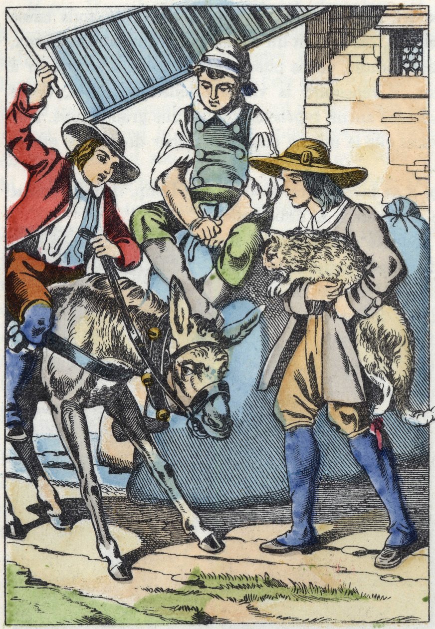 Děti psovoda, který právě zemřel, sdílejí jeho majetek: oslík, mlýn a kočka. Ilustrace příběhu „The cat botte“ od Charlese Perraulta od Unknown artist