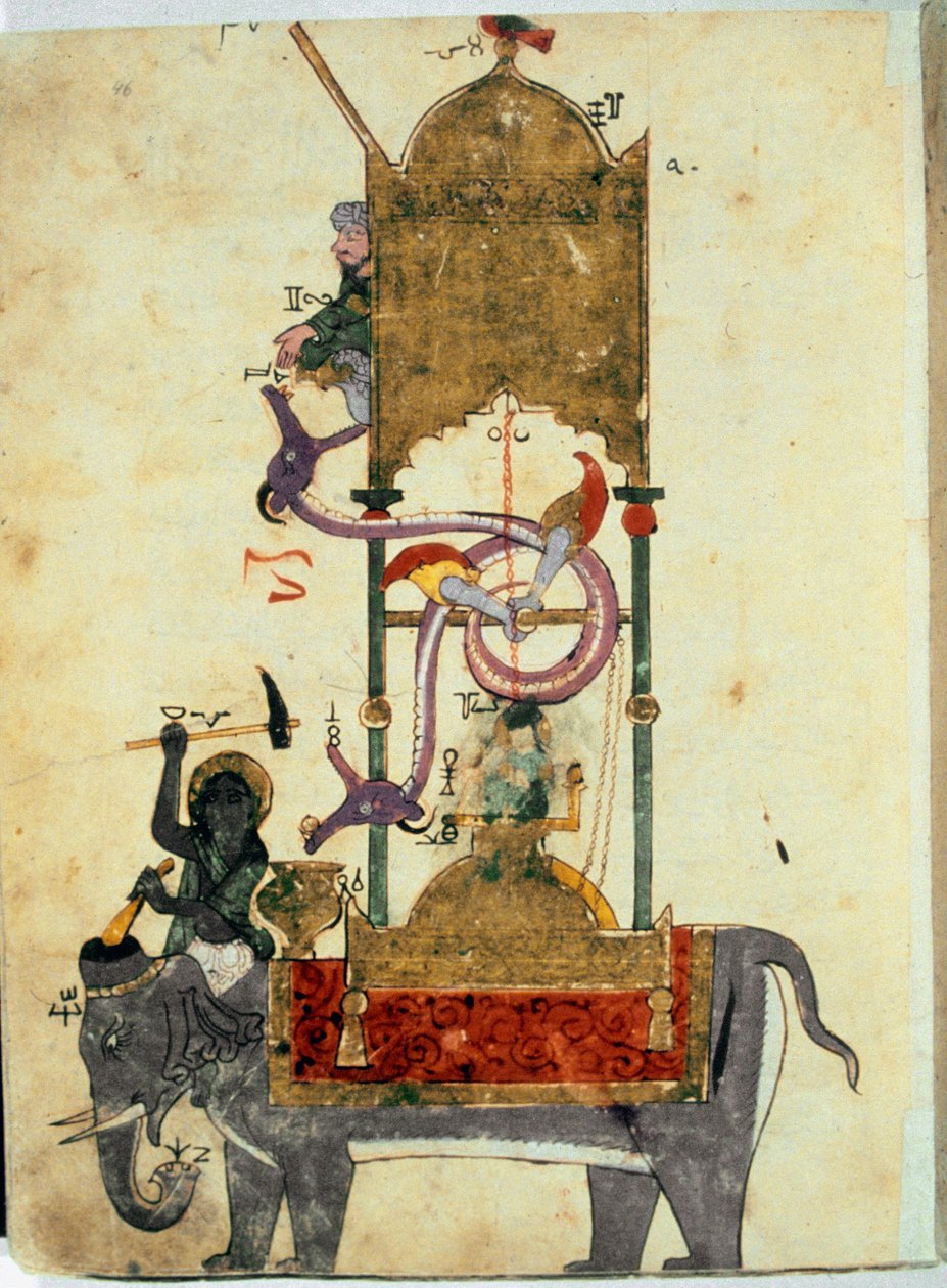 Klepsydra má slona Jedná se o středověký muslimský vynález sestávající z vodních hodin ve tvaru slona, které navrhl turecký inženýr Ibn al-Rajjaj al-Jazari (Al Rajjaj Al Jazari) (1136-1206) kolem roku 1200. Vynález navržený Tureckem motor od Unknown artist