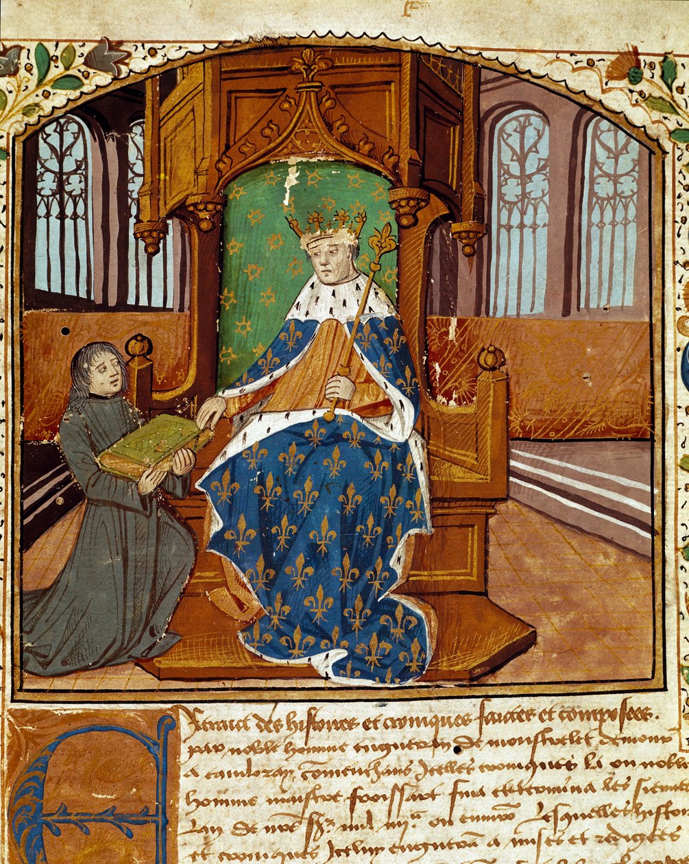 Fejetonista Enguerrand de Monstrelet (1400-1453) daruje svou knihu králi Karlu VII. (1403-1467) Miniatura z „Chronicles d