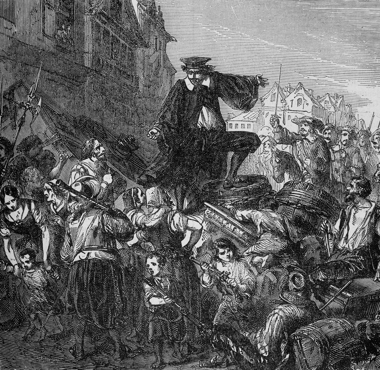 Velitel posádky byl zabit na barikádách v Paříži (začátek Frondy) v „Histoire des Popes, rois, queens, císaři v průběhu staletí“ od Lachartra, sd 19. od Unknown artist