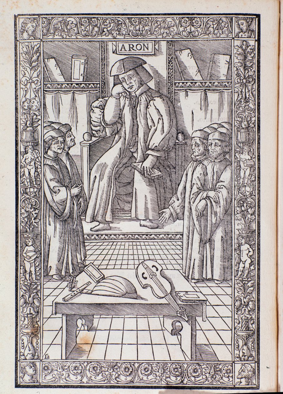 Skladatel a hudební teoretik Pietro Aaron jako židle mezi jeho studenty. Ilustrace z Toscanella v musica od Unknown artist
