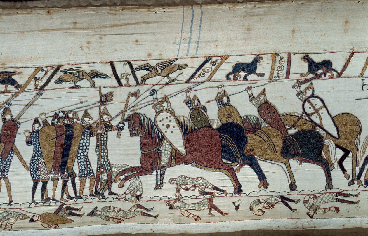 Dobytí Anglie vévodou z Normandie Vilémem Dobyvatelem (1027-1087) v roce 1066: scéna bitvy u Hastingsu proti normanské pěchotě proti saské jízdě Detail tapiserie z Bayeux nebo výšivky královny Mathildy od Unknown artist