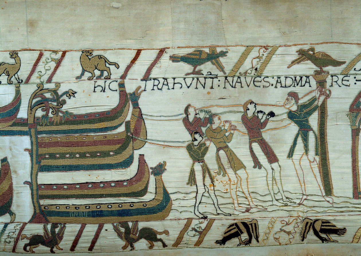 Dobytí Anglie armádou vévody z Normandie Viléma Dobyvatele (1027-1087): sotva postavené lodě jsou vypuštěny na moře Detail tapisérie z Bayeux nebo výšivka královny Mathildy od Unknown artist