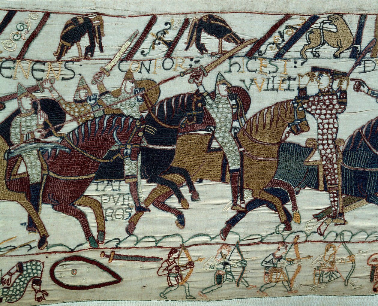 Dobytí Anglie armádou vévody z Normandie Viléma Dobyvatele (1027-1087): Vévodu Guillaume poznají jeho vojáci zvednutím přilby během bitvy u Hastingsu Detail tapiserie z Bayeux nebo výšivky královny Mathildy od Unknown artist