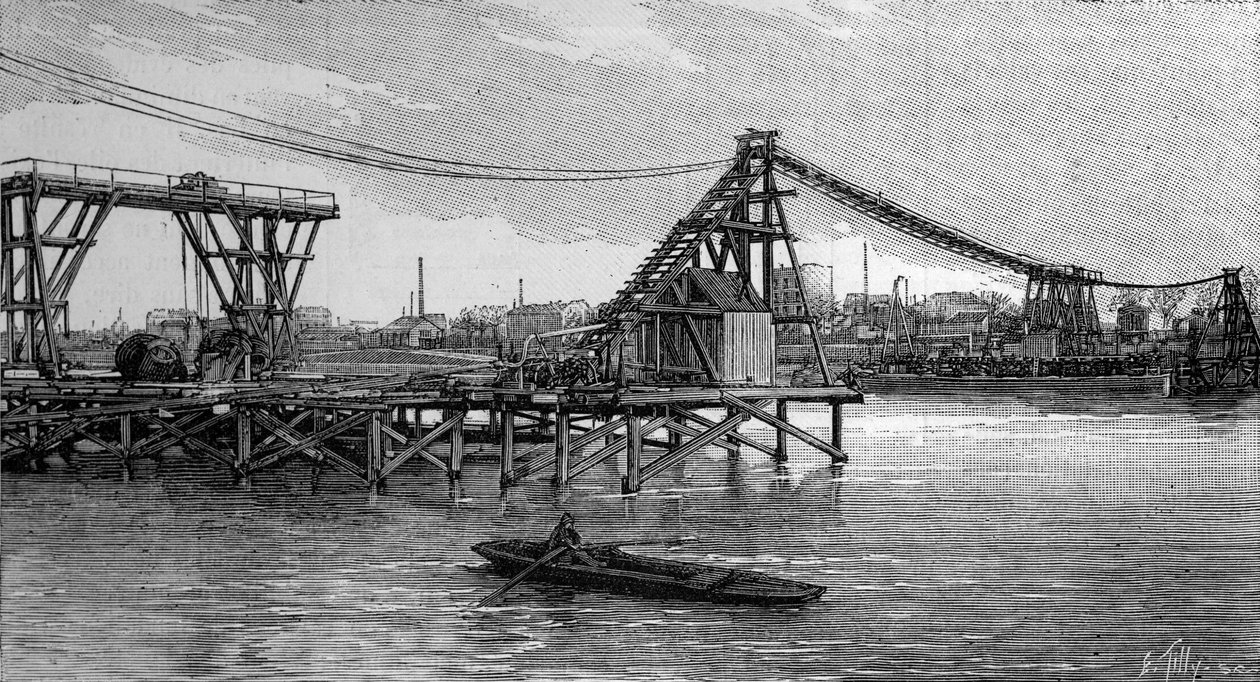 Stavba mostu Mirabeau v Paříži (1893): zámky vypadají jako základy (z fotografie). Rytina v „“ La Nature: revue des sciences et de leurs applications aux arts et a l
