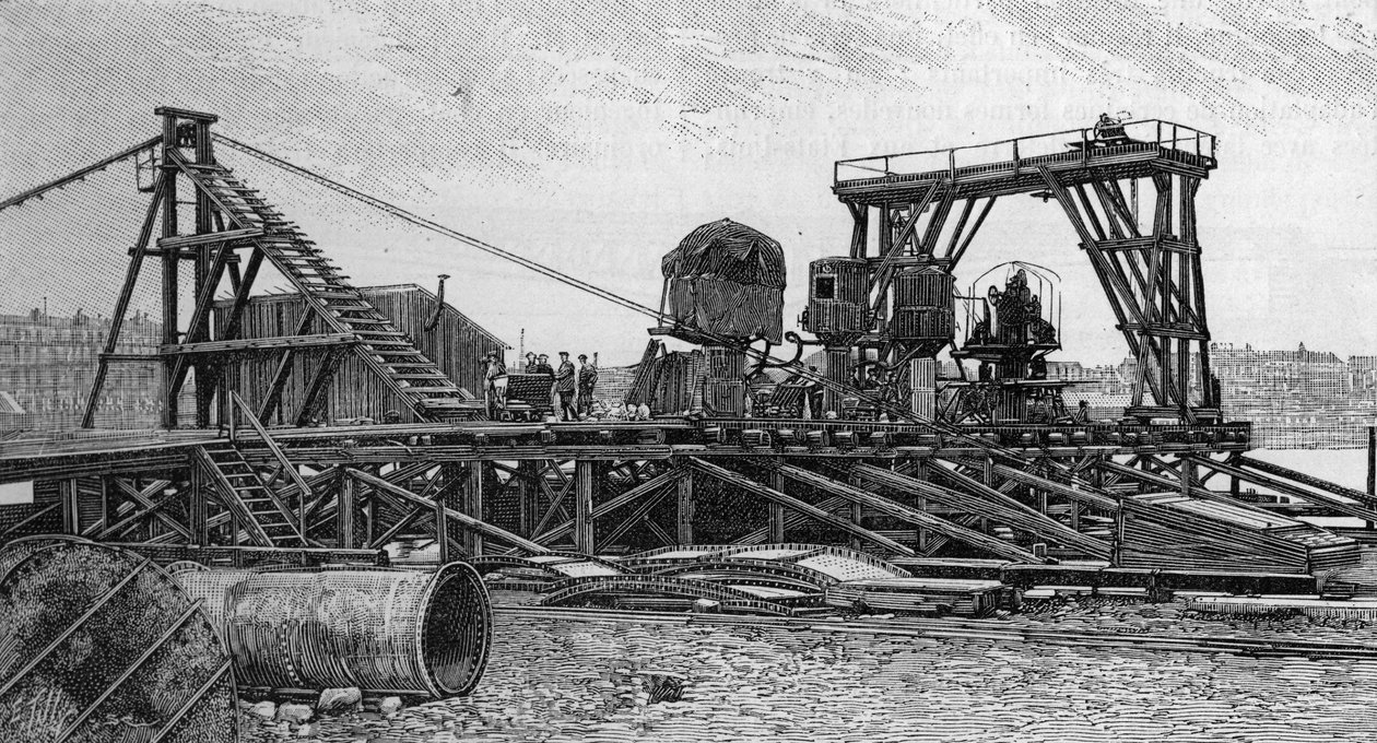Stavba mostu Mirabeau v Paříži (1893): servisní most (z fotografie). Rytina v „“ Přírodě: přehled věd a jejich aplikací v umění a průmyslu ““ ze dne 3. února 1894. od Unknown artist