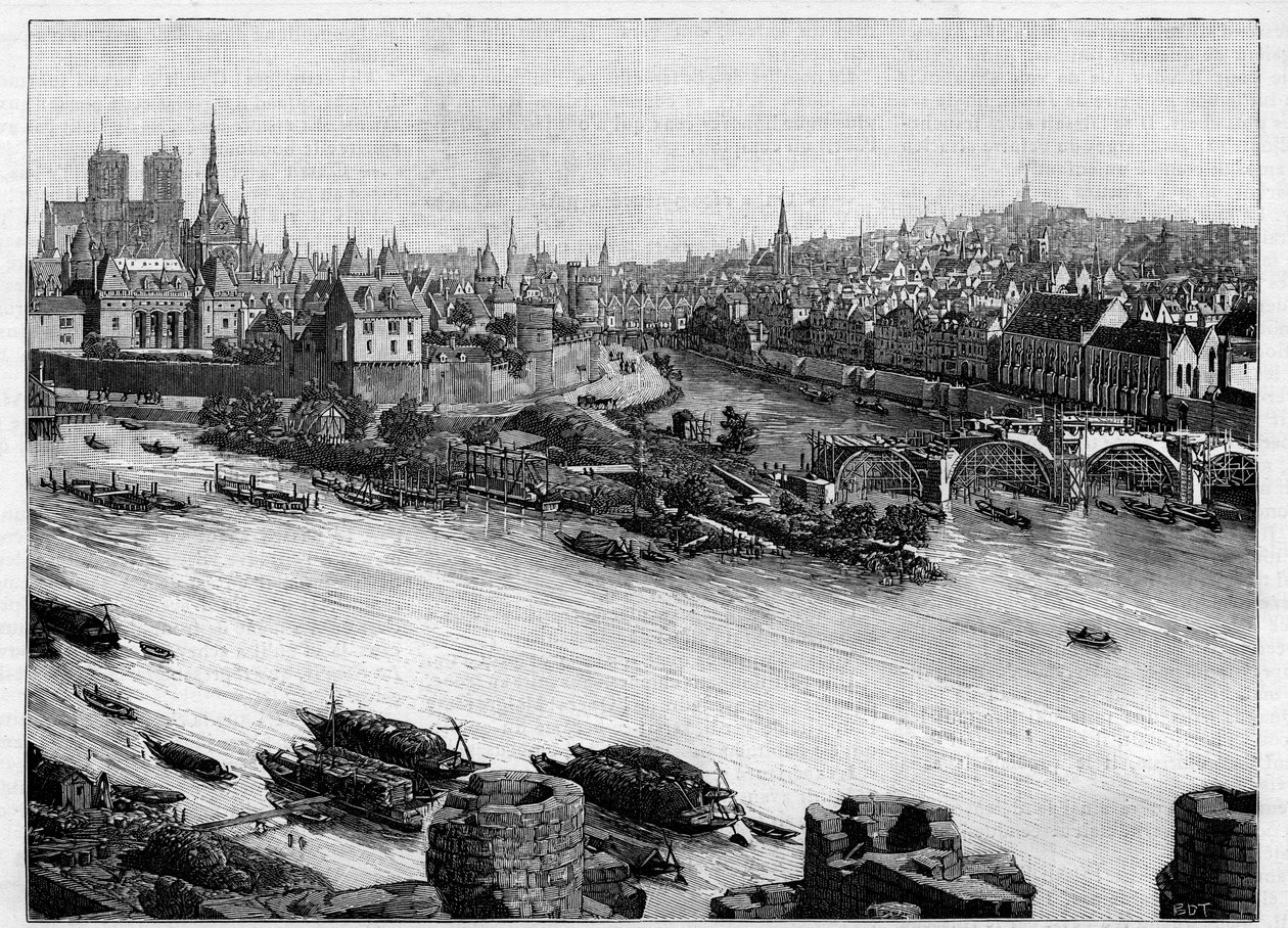 Stavba mostu Pont Neuf v Paříži procházející náměstím du Vert-Galant na konci Ile de la Cite. První práce v roce 1578. Rytina v „“ Le Monde illustrious““ od Unknown artist