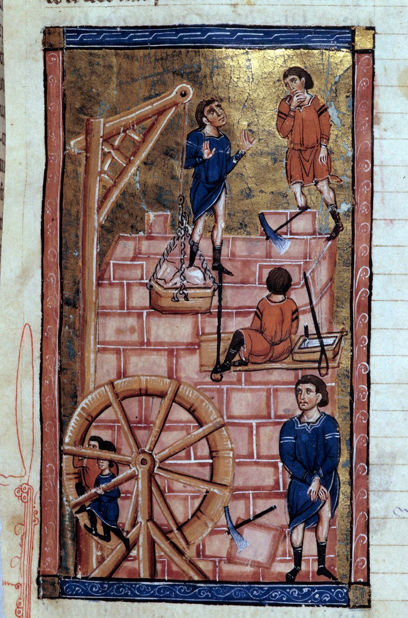Stavba miniatury Babylonské věže z rukopisu „Univerzální historie““ kolem 13. století. Městská knihovna Dijon od Unknown artist