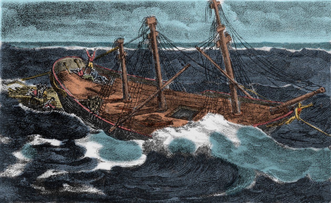 Stavba voru fregaty „“Meduse““ se nezdařila 2.7.1816 na břehu Arguinu poblíž pobřeží Mauretánie. Rytina 19. století od Unknown artist