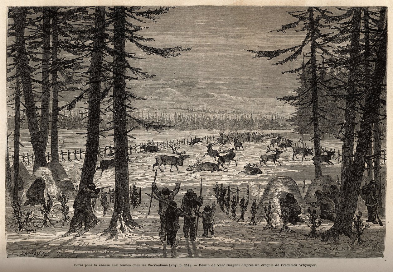 Korál pro lov sobů v Co-Yukon (co-Yukon nebo co-Youkouk) (indický kmen v extrémní severní Kanadě). Rytina pro ilustraci plavby a dobrodružství v anglické Kolumbii, na ostrově Vancouver a na Aljašce, Frederick Whymper od Unknown artist
