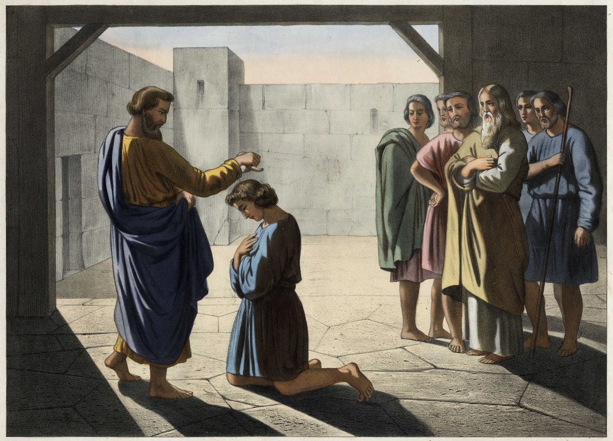 Korunovace Davida: Samuel jmenuje Davida králem Izraele. Anonymní rytina 19. století. od Unknown artist